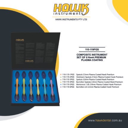 Hawk Dental 6-piece composite filling instruments set with double-ended plasma-coated tips and silicone handles in Australia