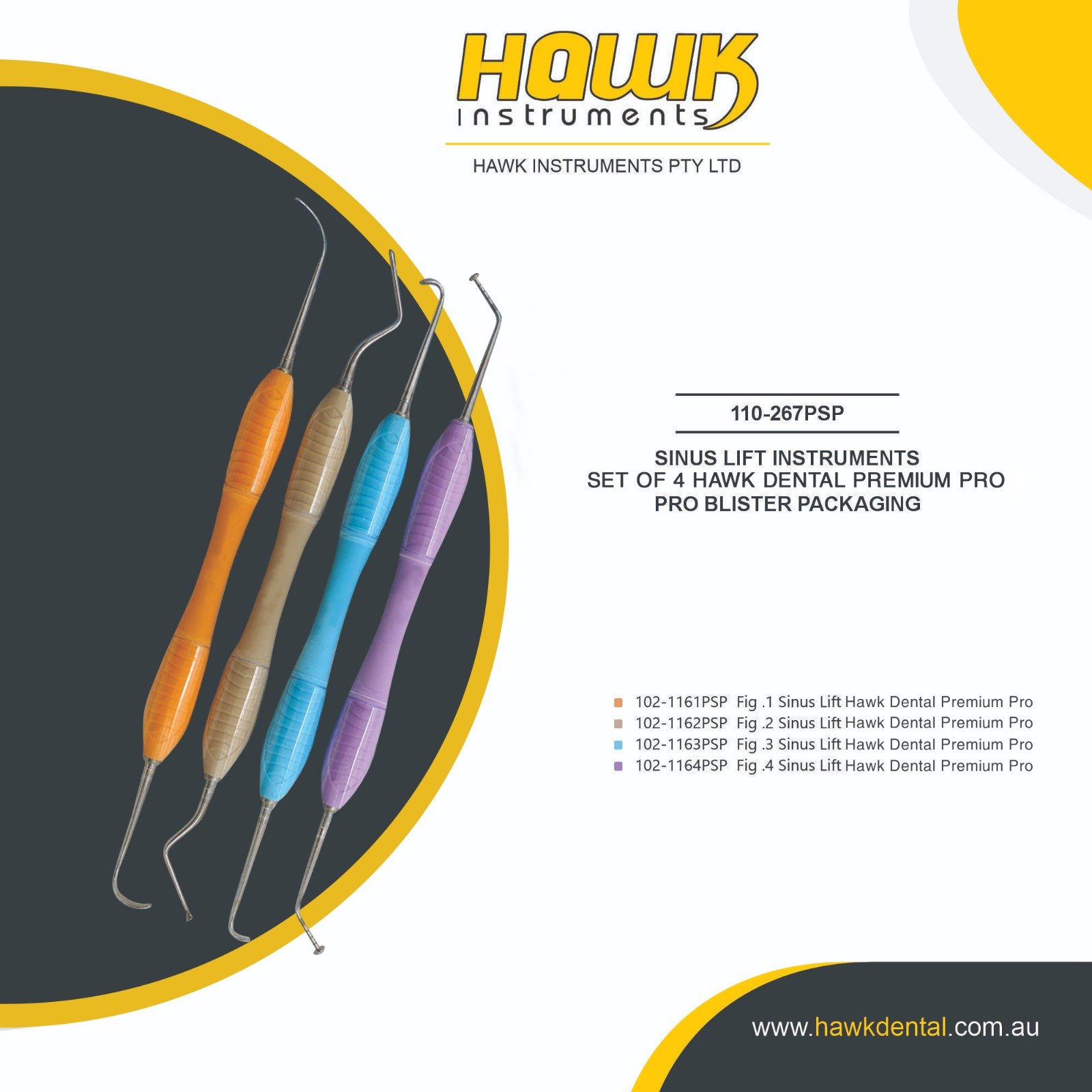 110-267PSP Hawk Dental 4-Piece Standard Gracey Curette Set Australia