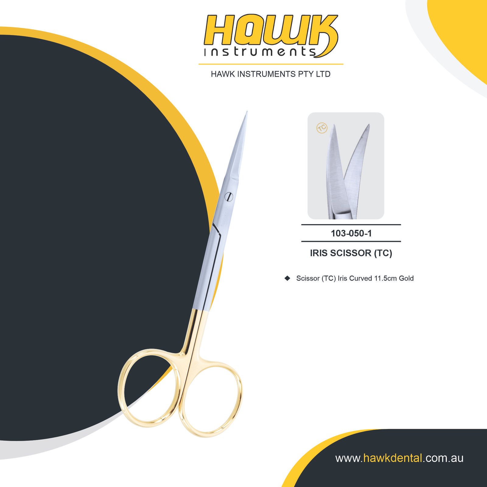 103-050-1 Hawk Dental Iris Curved Scissors 11.5cm TC Australia