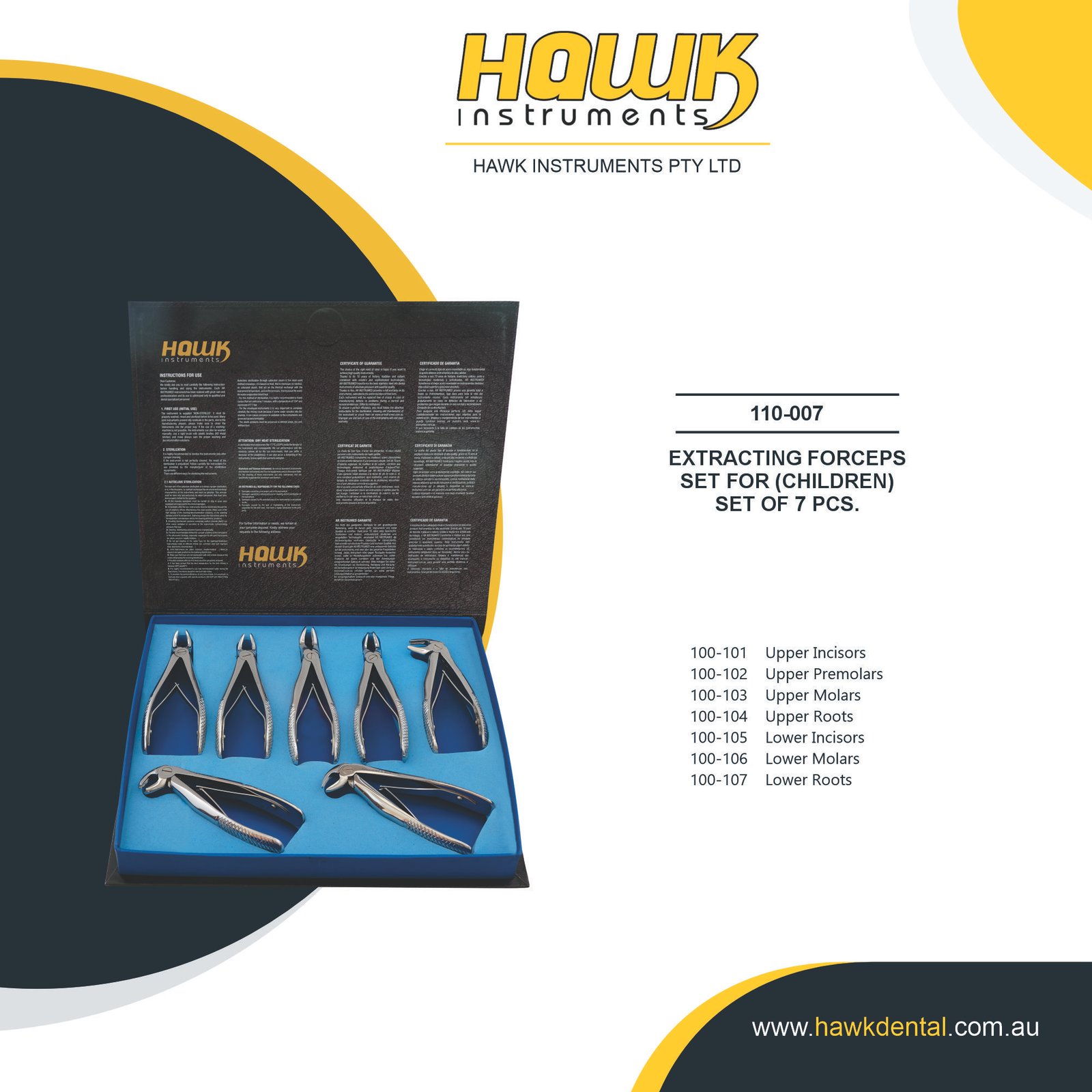110-007 Hawk Dental 7-piece Pediatric Extraction Forceps Set for primary tooth removal in Australia