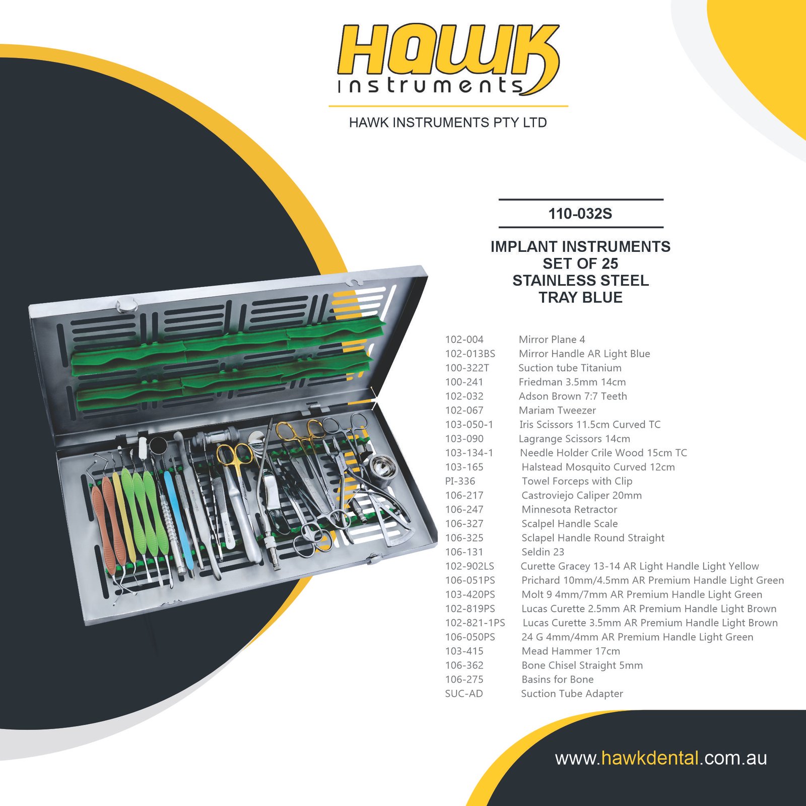 110-032S Hawk Dental 25-Piece Surgical Implant Instruments Set Australia