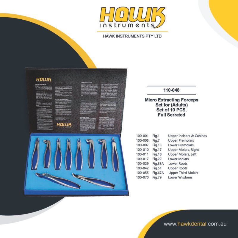 Hawk Dental 10-piece Adult Micro Dental Extraction Forceps Set for precise tooth removal in Australia